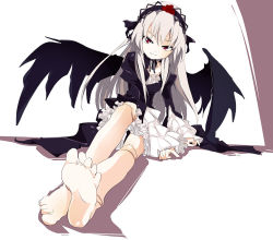 Rule 34 | 00s, barefoot, doll joints, dress, feet, foot focus, foreshortening, hairband, headband, ixy, joints, red eyes, rozen maiden, silver hair, sitting, solo, suigintou, toes, wings