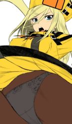 Rule 34 | 1girl, blonde hair, blue eyes, breasts, brown pantyhose, covered erect nipples, cropped, dr.p, guilty gear, guilty gear xrd, medium breasts, millia rage, panties, panties under pantyhose, pantyhose, solo, underwear, unfinished, upskirt