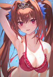 Rule 34 | 1girl, :d, animal ears, arm behind head, arm up, armpits, bikini, blush, breasts, brown hair, cleavage, commentary request, daiwa scarlet (trifle vacation) (umamusume), daiwa scarlet (umamusume), day, hair intakes, harusame tsubaki, highres, horse ears, horse girl, large breasts, long hair, looking at viewer, medium breasts, open mouth, outdoors, red bikini, red eyes, smile, solo, swimsuit, tiara, twintails, umbrella, upper body, wet