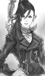 Rule 34 | 1girl, earrings, elezen, elf, final fantasy, final fantasy xiv, greyscale, gun, hair between eyes, hand on own hip, highres, hilda ware, hybrid, hyur, jacket, jewelry, leather, leather jacket, looking at viewer, machinist (final fantasy), makimura shunsuke, monochrome, open mouth, pointy ears, ponytail, rifle, scarf, simple background, smile, solo, teeth, weapon