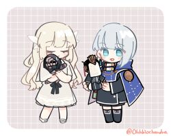 2girls black_jacket blue_cloak blue_eyes blue_hair blush character_doll chibi cloak closed_eyes commentary_request dress ender_lilies_quietus_of_the_knights ender_magnolia_bloom_in_the_mist full_body highres jacket lilac_(ender_magnolia) lily_(ender_lilies) long_hair multiple_girls nola_(ender_magnolia) ohhiochandra short_hair smile umbral_knight_(ender_lilies) white_dress white_hair