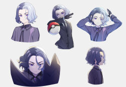 Rule 34 | 1boy, amethio (pokemon), awase tsukasa, black gloves, black jacket, black necktie, black ribbon, bright pupils, buttons, collared shirt, commentary request, corviknight, creatures (company), game freak, gen 8 pokemon, gloves, hands up, highres, jacket, long sleeves, looking at viewer, loose hair strand, male focus, multicolored hair, multiple views, neck ribbon, necktie, nintendo, poke ball, poke ball (basic), pokemon, pokemon (anime), pokemon (creature), pokemon horizons, purple eyes, ribbon, shirt, short hair, throwing, white pupils