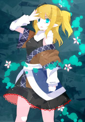 Rule 34 | 1girl, arm warmers, black shirt, black skirt, blonde hair, breasts, brown shirt, commentary request, feet out of frame, green background, green eyes, half updo, hand over eye, highres, looking at viewer, medium breasts, medium hair, mizuhashi parsee, nosada, off shoulder, open mouth, pointy ears, scarf, shirt, short hair, short ponytail, short sleeves, skirt, sleeveless, sleeveless shirt, solo, touhou, undershirt, white scarf