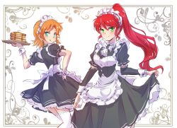 Rule 34 | 2girls, apron, blue eyes, butter, clothes lift, commentary request, food, green eyes, iesupa, maid, maid apron, maid headdress, multiple girls, nora valkyrie, orange hair, pancake, pyrrha nikos, red hair, rwby, skirt, skirt lift, syrup, tray, waitress