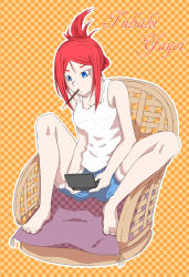 Rule 34 | alternate hairstyle, arc system works, blazblue, blazblue: continuum shift, blue eyes, casual, chair, handheld game console, highres, nintendo 3ds, pocky, red hair, tsubaki yayoi