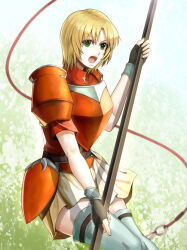 1girl amelia_(fire_emblem) armor blonde_hair delsaber fire_emblem fire_emblem:_the_sacred_stones green_eyes holding holding_polearm holding_weapon looking_at_viewer nintendo open_mouth polearm red_armor short_hair shoulder_armor skirt solo weapon