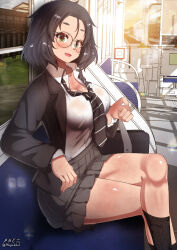Rule 34 | 1girl, black hair, blush, breasts, cleavage, freckles, glasses, green eyes, highres, large breasts, looking at viewer, megadeko, open mouth, original, school uniform, short hair, smile, solo, train interior