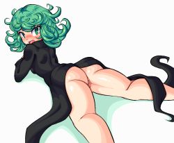 Rule 34 | 1girl, ass, average-hanzo, black dress, blush, breasts, cleft of venus, curly hair, dress, green eyes, green hair, legs, looking at viewer, lying, matching hair/eyes, one-punch man, pussy, short hair, small breasts, solo, tatsumaki, thighs, uncensored