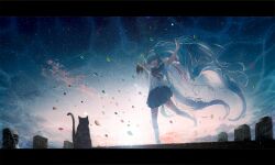 Rule 34 | 1girl, aqua hair, barefoot, black cat, blue sailor collar, blue skirt, blue theme, cat, chocoshi, closed eyes, cloud, commentary request, hatsune miku, highres, holding, holding shoes, light particles, long hair, neckerchief, night, night sky, open mouth, outdoors, pleated skirt, red neckerchief, sailor collar, school uniform, serafuku, shirt, shoes, short sleeves, skirt, sky, smile, solo, standing, star (sky), starry sky, sunlight, twintails, vocaloid, white shirt, wide shot