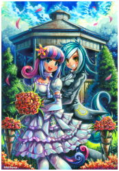 Rule 34 | 2girls, artist name, blue eyes, blue hair, blush, bonbon (my little pony), bouquet, breasts, brown eyes, cleavage, commission, day, dress, elbow gloves, emperpep, flower, gazebo, gloves, green hair, hair flower, hair ornament, holding, holding bouquet, horns, humanization, looking at viewer, lyra heartstrings, medium breasts, medium hair, multicolored hair, multiple girls, my little pony, my little pony: friendship is magic, open mouth, outdoors, pantyhose, parted lips, pink hair, short hair, signature, single horn, smile, standing, tail, teeth, wedding dress, white dress, white gloves, white hair, white legwear