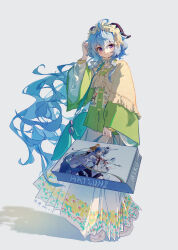 1girl absurdres aoqun bag blue_hair capelet chinese_clothes crossover ganyu_(genshin_impact) genshin_impact grey_background hairband hanfu hatsune_miku highres horns lolita_hairband long_hair mamianqun ming_dynasty qingyi_april shadow shoes shopping_bag sneakers solo very_long_hair vocaloid