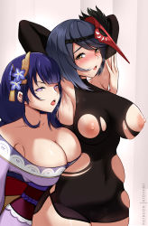 Rule 34 | 2girls, absurdres, licking armpit, armpits, arms behind head, arms up, black hair, blush, breasts, cleavage, commentary, elbow gloves, english commentary, flower, genshin impact, gloves, hair ornament, highres, hioyami, japanese clothes, kimono, kujou sara, large breasts, licking, long hair, looking at viewer, mask, mask on head, mole, mole under eye, multiple girls, nipples, obi, obiage, obijime, open mouth, purple eyes, purple flower, purple hair, raiden shogun, saliva, saliva trail, sash, short hair, simple background, sleeveless, steam, tassel, tengu mask, tongue, tongue out, torn clothes, yellow eyes, yuri