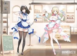 Rule 34 | 2girls, apron, arm behind head, armpits, artist request, black footwear, black hair, black thighhighs, blonde hair, blue bow, blue bowtie, blue dress, blue eyes, blue gemstone, blush, bow, bowtie, breasts, brown dust 2, brown eyes, cafe, cake, chalkboard sign, character doll, cleavage, copyright name, cream on breasts, cupboard, demon horns, display case, dress, duster, embarrassed, eyebrows hidden by hair, food, gem, gloves, hair between eyes, high heels, holding, holding duster, holding tray, holding whisk, horns, justia (brown dust), large breasts, large ribbon, maid, maid apron, maid headdress, multiple girls, official art, open mouth, pink footwear, ribbon, scheherazade (brown dust), second-party source, short hair, skindentation, small horns, standing, standing on one leg, strawberry cake, teapot, thigh strap, thighhighs, tray, waist ribbon, whisk, white apron, white gloves, white headdress, white ribbon, yuri (brown dust)