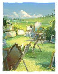 Rule 34 | 1girl, absurdres, bird, border, brown hair, cloud, dress, easel, field, grass, hand on lap, highres, hill, medium hair, morncolour, original, painting (object), scenery, sitting, solo, sparkle, tree, white border, white dress