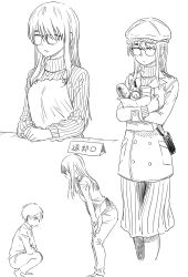 Rule 34 | 1boy, 1girl, absurdres, apron, bag, character request, check character, check copyright, coat, copyright request, counter, feet out of frame, food, glasses, greyscale, handbag, hat, highres, holding, holding food, houkago teibou nisshi, long hair, long skirt, long sleeves, monochrome, multiple views, nakahara kaihei, oono makoto, opaque glasses, pants, paper bag, pleated skirt, ribbed sweater, sketch, skirt, squatting, standing, sweater