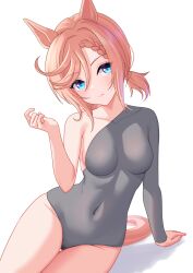 Rule 34 | 1girl, alternate costume, animal ears, aqua eyes, blush, breasts, brown hair, closed mouth, commentary request, covered navel, grey leotard, hair between eyes, highres, horse ears, horse girl, horse tail, leotard, long sleeves, looking at viewer, medium breasts, philo 324, short ponytail, sideboob, simple background, single bare shoulder, single sleeve, sitting, solo, tail, umamusume, venus paques (umamusume), white background
