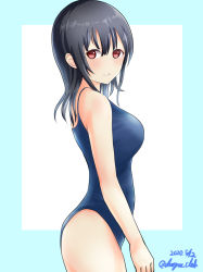 Rule 34 | 1girl, absurdres, alternate costume, bad id, bad pixiv id, black hair, blue background, blue one-piece swimsuit, breasts, dangan kurabu, dated, from side, hair between eyes, highres, kantai collection, large breasts, looking at viewer, looking to the side, one-piece swimsuit, profile, red eyes, short hair, smile, solo, swimsuit, takao (kancolle), twitter username, white background