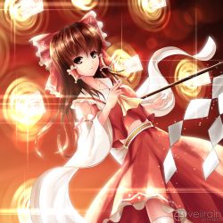 Rule 34 | 1girl, artist name, bad id, bad pixiv id, brown eyes, brown hair, detached sleeves, fate/stay night, fate (series), gate of babylon (fate), hair ornament, hakurei reimu, highres, japanese clothes, long hair, miko, solo, thighhighs, touhou, veilrain, white thighhighs