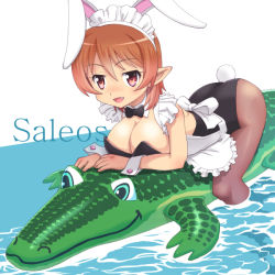 Rule 34 | 1girl, animal ears, apron, bow, bowtie, breasts, brown hair, character name, cleavage, crocodile, crocodilian, detached collar, fake animal ears, fang, inflatable toy, large breasts, maid headdress, meow (nekodenki), original, pantyhose, playboy bunny, pointy ears, rabbit ears, rabbit tail, red eyes, riding, short hair, solo, tail, water, wet, wet clothes, wrist cuffs