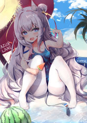 Rule 34 | + +, 1girl, absurdres, azur lane, blue eyes, blue one-piece swimsuit, blue sky, breasts, chinese commentary, cloud, commentary request, cooler, copyright name, day, double bun, food, fruit, hair bun, hat, highres, le malin (azur lane), long hair, looking at viewer, one-piece swimsuit, outdoors, palm tree, pantyhose, pantyhose under swimsuit, popsicle, school swimsuit, shade, silver hair, sitting, sky, small breasts, solo, straw hat, swimsuit, tree, watermelon, watermelon bar, white pantyhose, yue (qtxyjiang)