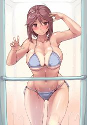 Rule 34 | 1girl, against glass, aged up, bikini, blush, breast press, breasts, breasts on glass, brown eyes, brown hair, cleavage, curvy, female focus, groin, indoors, large breasts, looking at viewer, navel, rozen maiden, short hair, showering, side-tie bikini bottom, sideboob, smile, solo, souseiseki, swimsuit, tan, tanline, tsuda nanafushi, underboob, wet