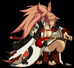 Rule 34 | 1girl, amputee, animated, animated gif, baiken, bouncing breasts, breasts, cleavage, eyepatch, female focus, full body, guilty gear, guilty gear xrd, large breasts, long hair, official art, pink hair, ponytail, sandals, solo, squatting, sword, tattoo, toeless footwear, toes, very long hair, weapon