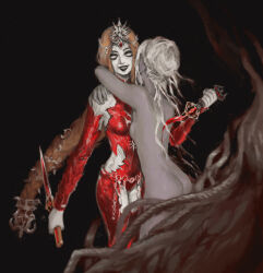 Rule 34 | 2girls, absurdres, arms around neck, ass, baldur&#039;s gate, baldur&#039;s gate 3, black background, black eyeshadow, black lips, blank eyes, blonde hair, blood, bodysuit, braid, circlet, colored skin, commentary, completely nude, cowboy shot, cuts, cutting, dagger, detached sleeves, dual wielding, dungeons &amp; dragons, eyeshadow, facing viewer, grey skin, hair bun, headpiece, highres, hip vent, holding, holding dagger, holding knife, holding weapon, hug, injury, knife, long hair, low-braided long hair, low-tied long hair, makeup, minthara, multiple girls, nude, open mouth, orin the red, pointy ears, red bodysuit, red sleeves, single braid, single hair bun, smile, snoozaga, standing, weapon, white hair, white skin, yuri