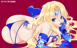 Rule 34 | 1girl, ass, blonde hair, blue bra, blue eyes, blue footwear, blue gloves, blue headband, boots, bra, breasts, celes chere, cleavage, final fantasy, final fantasy vi, full body, gloves, head on hand, headband, lace-up gloves, large breasts, long hair, looking at viewer, lying, mario kaneda, on side, parted bangs, parted lips, redrawn, solo, thong, underwear, wavy hair