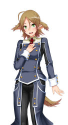 Rule 34 | 1girl, :d, ahoge, animal ears, blush, breasts, brown hair, buttons, captive market, collared shirt, dog ears, dog tail, green eyes, hand on own chest, lilith-soft, long skirt, long sleeves, looking at viewer, military, military uniform, necktie, noa n riads, official art, open mouth, pants, ryoshuu ichiba, shindol, shirt, short hair, showgirl skirt, simple background, skirt, sleeve cuffs, smile, solo, standing, tail, uniform, white background