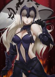Rule 34 | 1girl, armor, armored dress, bare shoulders, blonde hair, breasts, chain, cleavage, closed mouth, clothing cutout, commentary, detached collar, elbow gloves, facing viewer, fate/grand order, fate (series), faulds, flag, fur trim, gauntlets, gloves, headpiece, holding, holding flag, jeanne d&#039;arc (fate), jeanne d&#039;arc alter (avenger) (fate), jeanne d&#039;arc alter (avenger) (third ascension) (fate), jeanne d&#039;arc alter (fate), long hair, looking at viewer, medium breasts, navel, navel cutout, silver hair, solo, standing, suikunart, yellow eyes