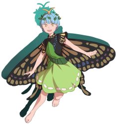 1girl antennae barefoot blue_hair blunt_bangs brown_eyes butterfly_wings dress eternity_larva female_focus green_dress insect_wings leaf leaf_on_head looking_at_viewer mefomefo open_mouth outstretched_arms short_hair short_sleeves simple_background solo touhou white_background wings yellow_eyes