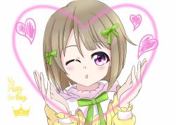Rule 34 | 1girl, :o, artist name, artist request, back bow, blowing kiss, blush, bow, breasts, brown hair, disney hare, dress, female focus, green bow, green ribbon, grey hair, hair bow, heart, highres, light brown hair, long sleeves, looking at viewer, love live!, love live! nijigasaki high school idol club, love live! school idol festival, mutekikyuu believer, nakasu kasumi, one eye closed, parted lips, purple eyes, red eyes, ribbon, short hair, small breasts, smile, solo, striped clothes, striped dress, upper body, vertical-striped clothes, vertical-striped dress, white background, white detached collar, yellow dress