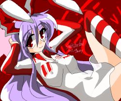 Rule 34 | 1girl, animal ears, breasts, clothes writing, covered erect nipples, female focus, kieyza, kiezya, medium breasts, rabbit ears, race queen, reisen udongein inaba, see-through, soccer, solo, striped clothes, striped thighhighs, switzerland, thighhighs, touhou