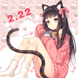 Rule 34 | 1girl, :&lt;, animal, animal ears, bad id, bad pixiv id, bare shoulders, bell, blush, bow, brown eyes, brown hair, cat, cat ears, cat girl, cat tail, closed mouth, hair bow, hair ornament, heart, heart hair ornament, jingle bell, long hair, long sleeves, looking at viewer, no shoes, nunucco, off shoulder, original, pink bow, pink sweater, signature, sitting, sleeves past fingers, sleeves past wrists, socks, solo, striped, striped background, striped tail, sweater, tail, tail censor, tail raised, vertical stripes, very long hair, white socks