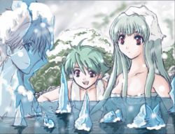 Rule 34 | 1girl, 2boys, aqua hair, bare shoulders, blue eyes, breasts, brother and sister, cleavage, eliwood (fire emblem), eye contact, fire emblem, fire emblem: the blazing blade, frozen, green hair, ice, laughing, long hair, looking at another, multiple boys, naked towel, nils, ninian, nintendo, nude, onsen, open mouth, red eyes, red hair, rock, short hair, siblings, smile, snow, snowing, towel, towel around neck, towel on head, water, wet