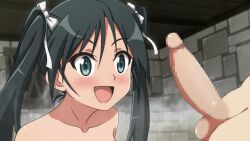 Rule 34 | 1boy, 1girl, blush, censored, erection, fang, francesca lucchini, green eyes, green hair, hair ribbon, hetero, highres, long hair, looking at penis, mosaic censoring, nepiris, open mouth, penis, penis awe, ribbon, smile, strike witches, twintails, world witches series