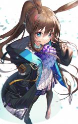 Rule 34 | 1girl, amiya (arknights), animal ears, arknights, ascot, black jacket, black pantyhose, blue ascot, blue eyes, blush, brown hair, center frills, commentary, frills, hair between eyes, hand in own hair, hand up, hood, hooded jacket, jacket, jewelry, kinty, loafers, long hair, long sleeves, looking at viewer, neck ring, open clothes, open jacket, pantyhose, pleated skirt, ponytail, rabbit ears, shirt, shoes, sidelocks, skirt, sleeveless, sleeveless shirt, solo, thighhighs, white background, white shirt