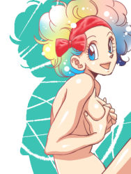 Rule 34 | 1girl, afro, blue eyes, breasts, bulma, covering privates, covering breasts, dragon ball, dragonball z, gradient hair, hairband, lowres, multicolored hair, nude, nude cover, solo
