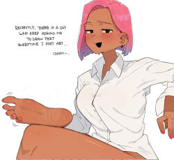 Rule 34 | ..., 1girl, blunt ends, blush, breasts, buttons, commentary, dark-skinned female, dark skin, earrings, english text, feet, foot focus, gradient hair, highres, jewelry, jitome, large breasts, long sleeves, looking at viewer, medium hair, multicolored hair, ohasi, open mouth, original, pink (ohasi), pink hair, shirt, simple background, sitting, soles, solo, sweat, symbol-only commentary, white background, white shirt, wing collar