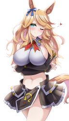 Rule 34 | 1girl, animal ears, aqua eyes, arms under breasts, bare shoulders, blonde hair, bow, breasts, closed mouth, cowboy shot, crossed arms, ear ribbon, gold city (umamusume), head tilt, heart, highres, horse ears, horse girl, horse tail, kibihimi, large breasts, long hair, md5 mismatch, midriff, navel, neige hausen, one eye closed, pink nails, resolution mismatch, sideboob, simple background, skirt, smile, solo, source larger, spoken heart, super robot wars, super robot wars og saga mugen no frontier, super robot wars og saga mugen no frontier exceed, swept bangs, tail, umamusume, white background