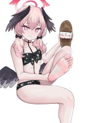 Rule 34 | 1girl, barefoot, bikini, black bikini, black wings, blue archive, blush, breasts, feathered wings, feet, floral print, foot focus, front-tie bikini top, front-tie top, full body, halo, head wings, koharu (blue archive), koharu (swimsuit) (blue archive), kukoi, legs, looking at viewer, low twintails, low wings, no shoes, official alternate costume, pink eyes, pink hair, pink halo, print bikini, small breasts, solo, swimsuit, toes, twintails, white background, wings
