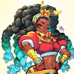 Rule 34 | 1girl, ;), aqua hair, arm wrap, big hair, black hair, black pants, bow hairband, breasts, capcom, caro moya, colored tips, commentary, cropped jacket, dark-skinned female, dark skin, english commentary, eyelashes, eyeshadow, hairband, hands on own hips, highres, hip vent, jacket, kimberly jackson, linea alba, long hair, makeup, multicolored hair, navel, nose, one eye closed, pants, pink eyeshadow, pink lips, polka dot, polka dot background, puffy short sleeves, puffy sleeves, quad braids, red jacket, short sleeves, signature, small breasts, smartwatch, smile, solo, street fighter, street fighter 6, two-tone hair, upper body, very dark skin, wide hips, wristwatch, yellow hairband