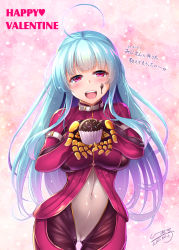 Rule 34 | 1girl, ahoge, belt, blue hair, blush, bodysuit, breasts, c.r., cake, cameltoe, chocolate, covered navel, cowboy shot, cupcake, food, giving, gloves, gluteal fold, highres, holding, kula diamond, large breasts, long hair, long sleeves, looking at viewer, open mouth, outstretched arm, purple eyes, smile, snk, sweets, the king of fighters, thigh gap, valentine, zipper