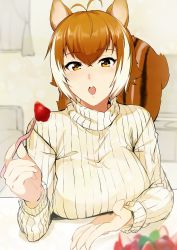 Rule 34 | 1girl, animal ears, antenna hair, blazblue, breasts, brown hair, food, fruit, highres, large breasts, long sleeves, looking at viewer, makoto nanaya, multicolored hair, open mouth, orange eyes, purinnssu, revision, short hair, solo, squirrel ears, squirrel tail, strawberry, sweater, tail, turtleneck, turtleneck sweater, two-tone hair, upper body