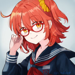 Rule 34 | 1girl, ahoge, blouse, blue shirt, blush, commentary, fate/grand order, fate (series), fujimaru ritsuka (female), glasses, hair ornament, hair scrunchie, highres, light particles, light smile, looking at viewer, matsui haru, neckerchief, official alternate costume, one side up, orange eyes, orange hair, orange scrunchie, school uniform, scrunchie, shirt, side ponytail, simple background, smile, solo, tsukumihara academy uniform (fate/extra ccc), twitter username, uniform, yellow scrunchie