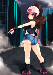 Rule 34 | 1girl, aqua eyes, ass, back, bag, bare arms, bare legs, bare shoulders, baseball cap, black vest, boots, brown hair, city, closed mouth, creatures (company), day, denim, denim shorts, exposed pocket, frown, full body, game freak, hair through headwear, hand up, hat, high ponytail, highres, hilda (pokemon), holding, holding poke ball, kneepits, long hair, looking at viewer, looking back, lun (fatalism2018), nintendo, outdoors, outstretched arm, pocket, poke ball, poke ball (basic), pokemon, pokemon bw, road, shirt, short shorts, shorts, shoulder bag, sidelocks, sleeveless, sleeveless shirt, solo, standing, street, twisted torso, vest, white shirt, wristband