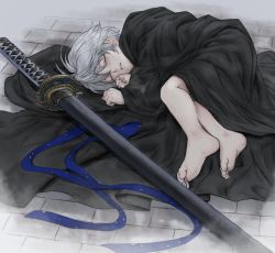 Rule 34 | 1boy, blanket, child, closed eyes, devil may cry, devil may cry (series), devil may cry 4, fingernails, fog, hair between eyes, highres, injury, katana, lying, male focus, on floor, on side, outdoors, parted lips, scratches, sheath, sheathed, sleeping, solo, sword, toenails, weapon, white hair, yse5959
