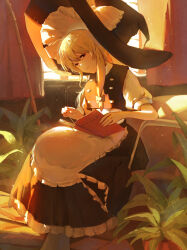 Rule 34 | 1girl, apron, black skirt, black vest, blonde hair, book, bow, braid, buttons, commentary request, frilled skirt, frills, hair bow, hat, highres, indoors, kenkxx, kirisame marisa, plant, potted plant, reading, shirt, short sleeves, single braid, sitting, skirt, touhou, vest, white apron, white shirt, witch hat