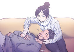 Rule 34 | 1boy, 1girl, animification, apex legends, black hair, black leggings, blush, closed eyes, commentary, couch, couple, english commentary, facial hair, goatee, grey pants, grey sweater, hair bun, hand on another&#039;s cheek, hand on another&#039;s face, hetero, highres, lap pillow, leggings, looking down, marssandwich, mirage (apex legends), nose piercing, pants, parted bangs, piercing, ribbed sweater, single hair bun, sleeping, sleeves past wrists, smile, sweater, turtleneck, turtleneck sweater, white background, wraith (apex legends)