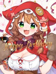 Rule 34 | 1girl, :3, :d, animal ears, animal hands, animal hood, blush, bow, braid, breasts, brown bow, brown gloves, brown hair, capelet, cleavage, confetti, fake animal ears, gloves, green eyes, hair over shoulder, hands up, happy birthday, holding, hood, hood up, hooded capelet, long hair, looking at viewer, medium breasts, nijisanji, open mouth, paw gloves, red capelet, shirt, smile, solo, streamers, twin braids, virtual youtuber, warabeda meijii, warabeda meijii (1st costume), white shirt, yamabukiiro